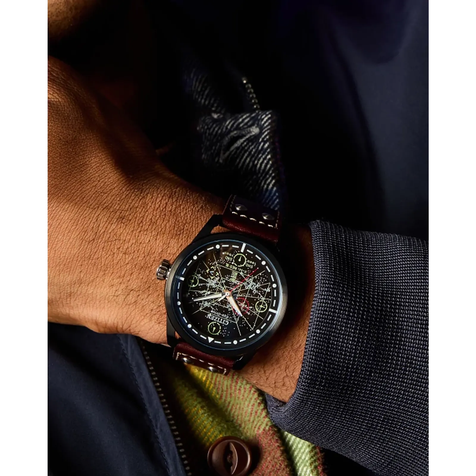 Citizen Star Wars AW1738-05W X-Wing and TIE Fighter Edition Watch – 45mm Black Ion-Plated Case, Eco-Drive, Brown Leather Strap, Neon Cockpit-Inspired Dial, Rebel Alliance Engraved Case Back