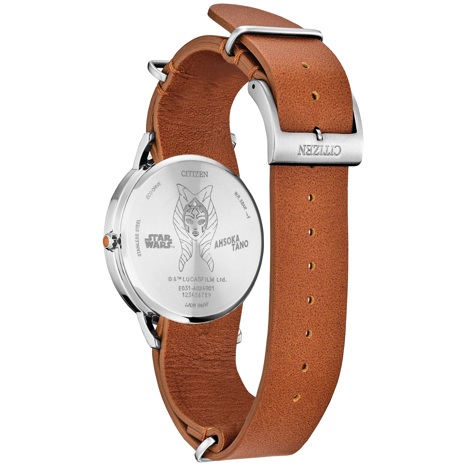 CITIZEN Star Wars Ahsoka Tano BJ6508-02W – silver-tone Eco-Drive watch with blue dial, Ahsoka-inspired markings, brown leather strap, and WR50 water resistance