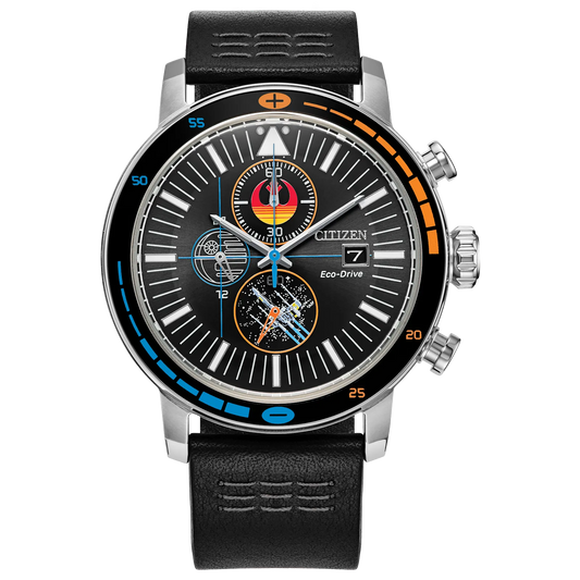CITIZEN Star Wars Rebel Starfighter CA0870-43W – Eco-Drive chronograph with black dial featuring Rebellion symbols, X-wing details, black leather strap, and WR100 water resistance.