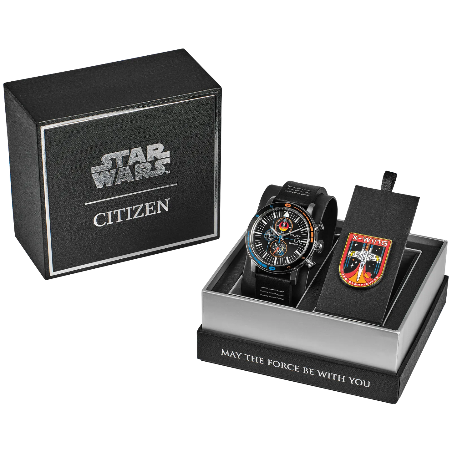 CITIZEN Star Wars Rebel Starfighter CA0870-43W – Eco-Drive chronograph with black dial featuring Rebellion symbols, X-wing details, black leather strap, and WR100 water resistance.