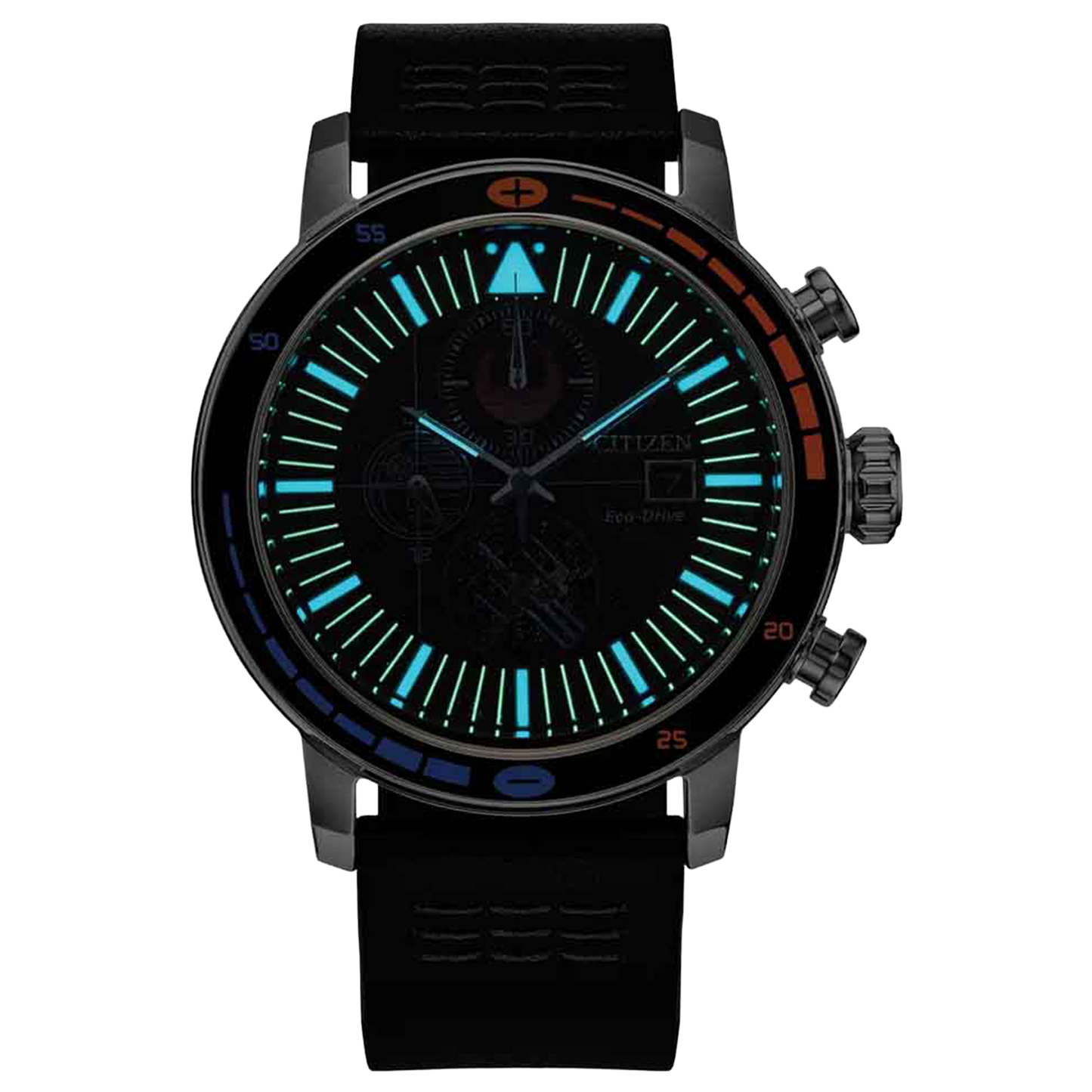 CITIZEN Star Wars Rebel Starfighter CA0870-43W – Eco-Drive chronograph with black dial featuring Rebellion symbols, X-wing details, black leather strap, and WR100 water resistance.