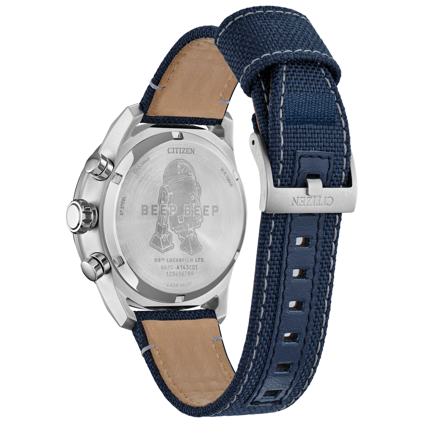 CITIZEN Star Wars R2-D2 CA4219-03W – silver-tone Eco-Drive chronograph watch with blue accents, deep blue CORDURA strap, WR100 water resistance, and R2-D2 inspired design.