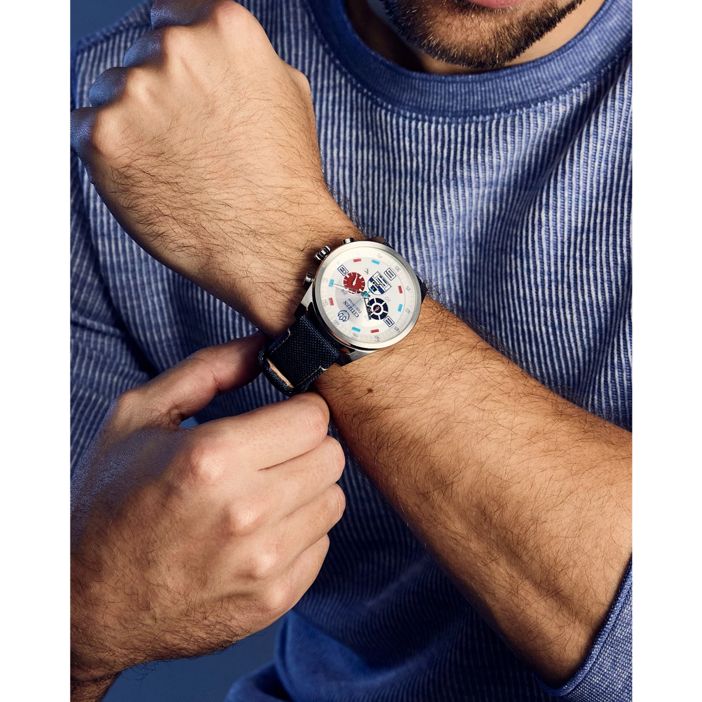 CITIZEN Star Wars R2-D2 CA4219-03W – silver-tone Eco-Drive chronograph watch with blue accents, deep blue CORDURA strap, WR100 water resistance, and R2-D2 inspired design.
