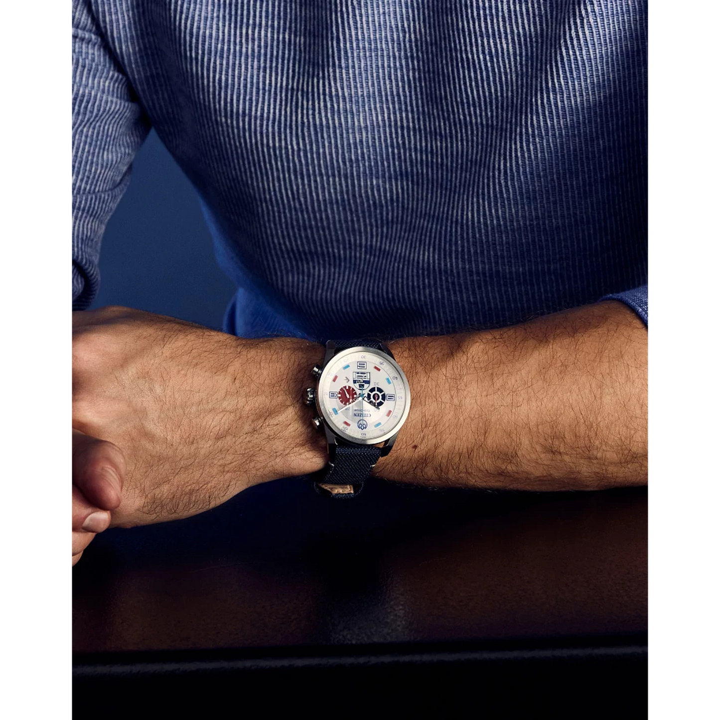 CITIZEN Star Wars R2-D2 CA4219-03W – silver-tone Eco-Drive chronograph watch with blue accents, deep blue CORDURA strap, WR100 water resistance, and R2-D2 inspired design.