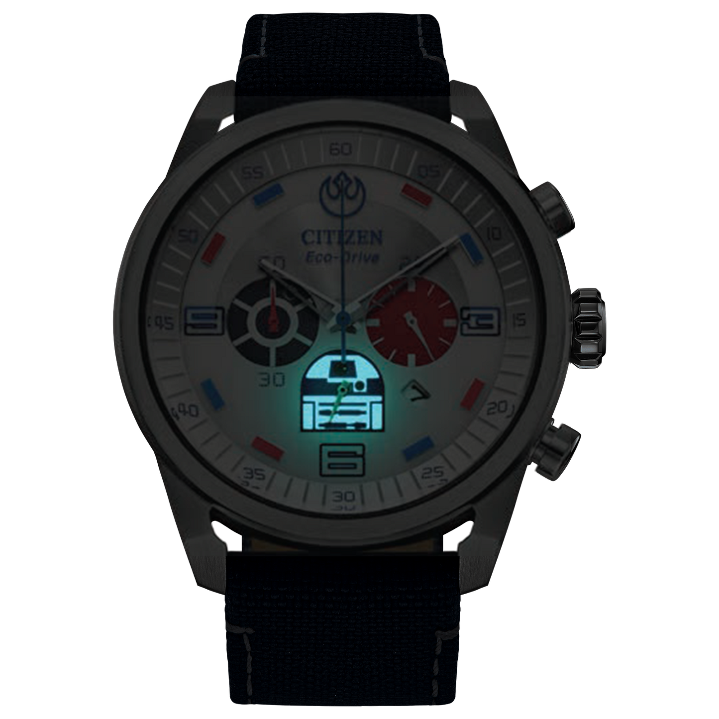 CITIZEN Star Wars R2-D2 CA4219-03W – silver-tone Eco-Drive chronograph watch with blue accents, deep blue CORDURA strap, WR100 water resistance, and R2-D2 inspired design.