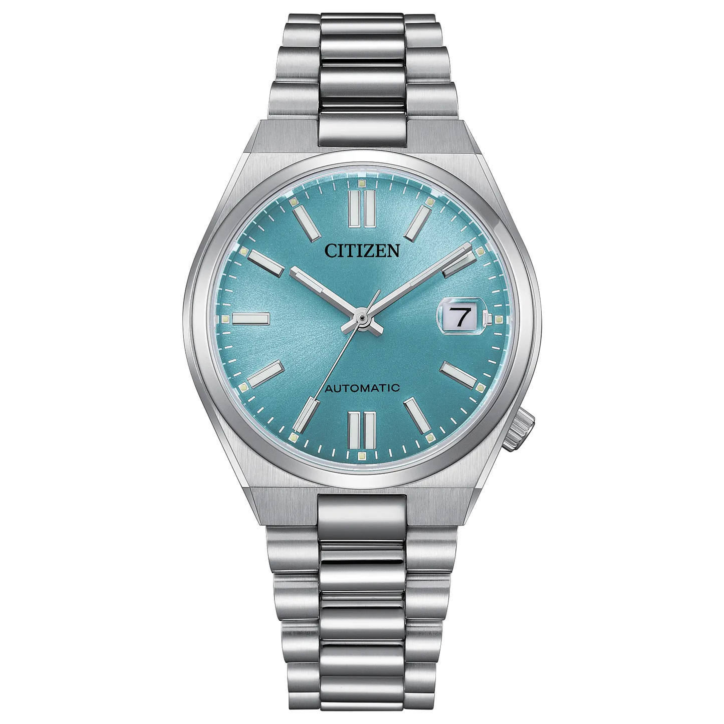 Citizen TSUYOSA NJ0200-50L – 37mm silver-tone stainless steel case, sunray ice blue dial, automatic movement, sapphire crystal, stainless steel bracelet, and 50m water resistance.