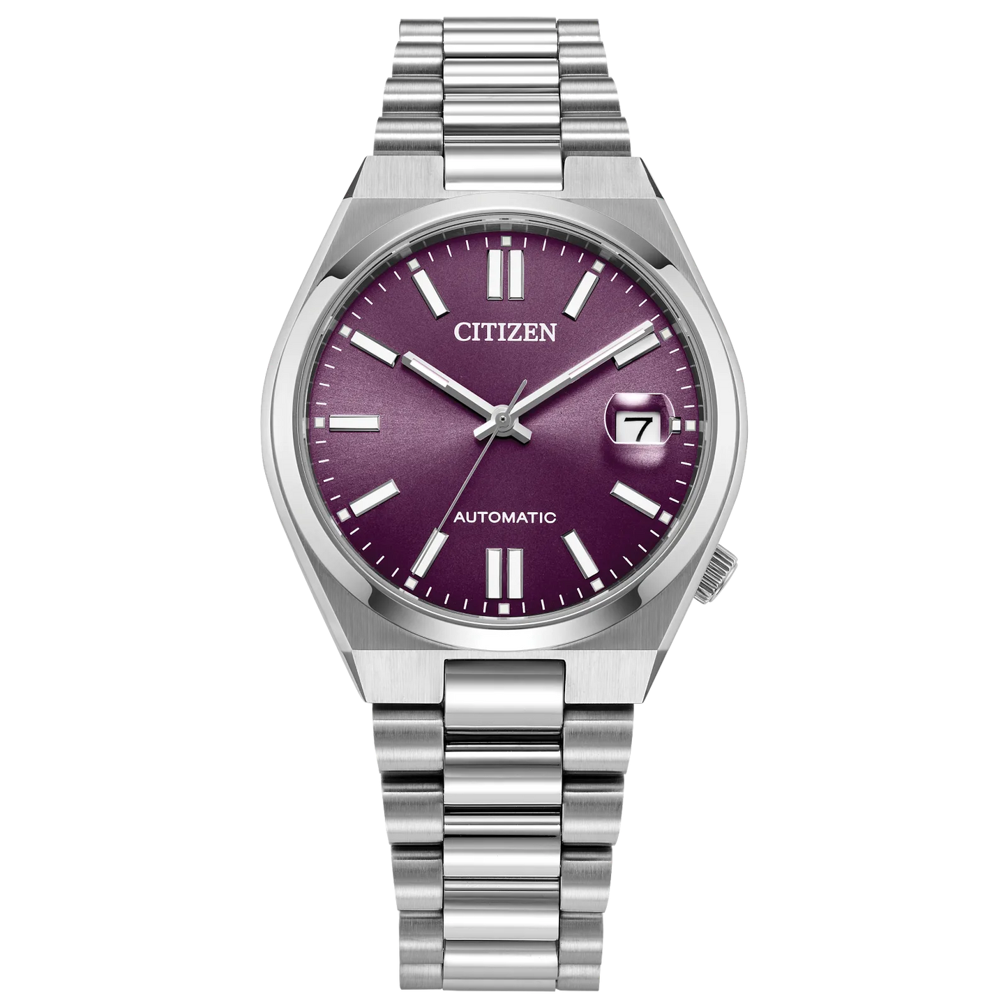 Citizen TSUYOSA NJ0200-50W – 37mm silver-tone stainless steel case, bold purple dial, automatic movement, sapphire crystal, and stainless steel bracelet with 50m water resistance.”