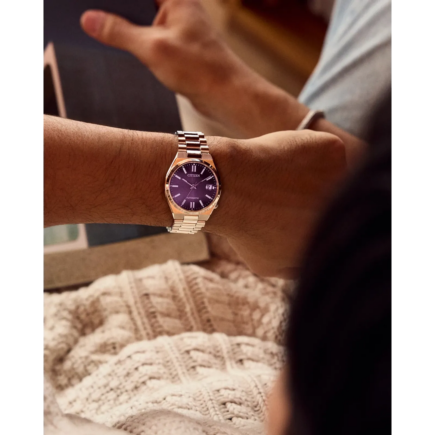 Citizen TSUYOSA NJ0200-50W – 37mm silver-tone stainless steel case, bold purple dial, automatic movement, sapphire crystal, and stainless steel bracelet with 50m water resistance.”