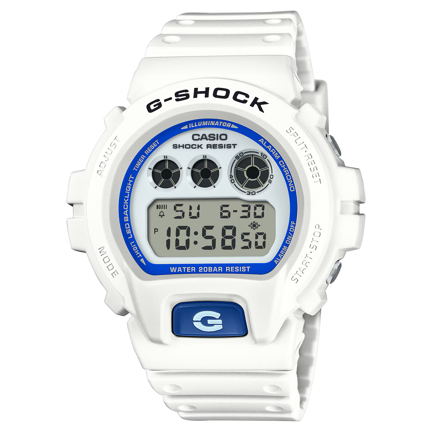 Casio G-SHOCK 6900 Series DW6900HDS-7 – classic white-and-blue design with phosphorescent dial, shock resistance, LED Super Illuminator, and 200m water resistance.