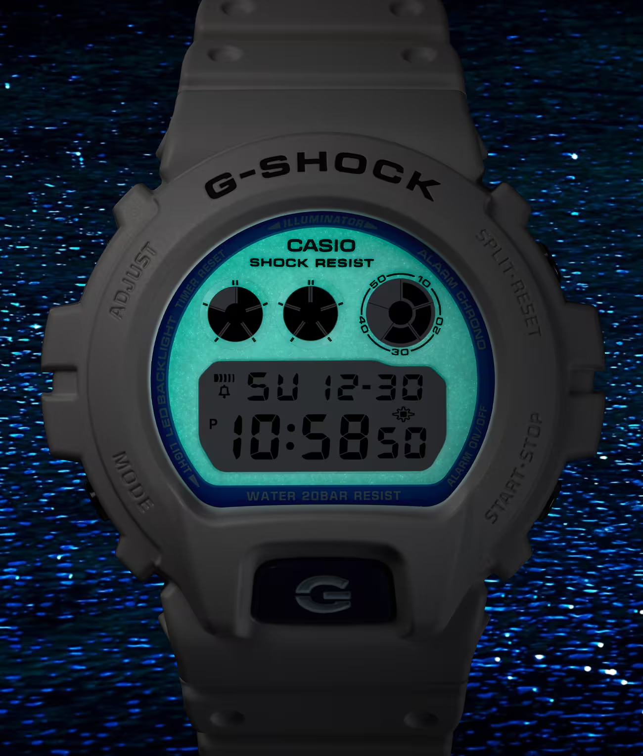 Casio G-SHOCK 6900 Series DW6900HDS-7 – classic white-and-blue design with phosphorescent dial, shock resistance, LED Super Illuminator, and 200m water resistance.