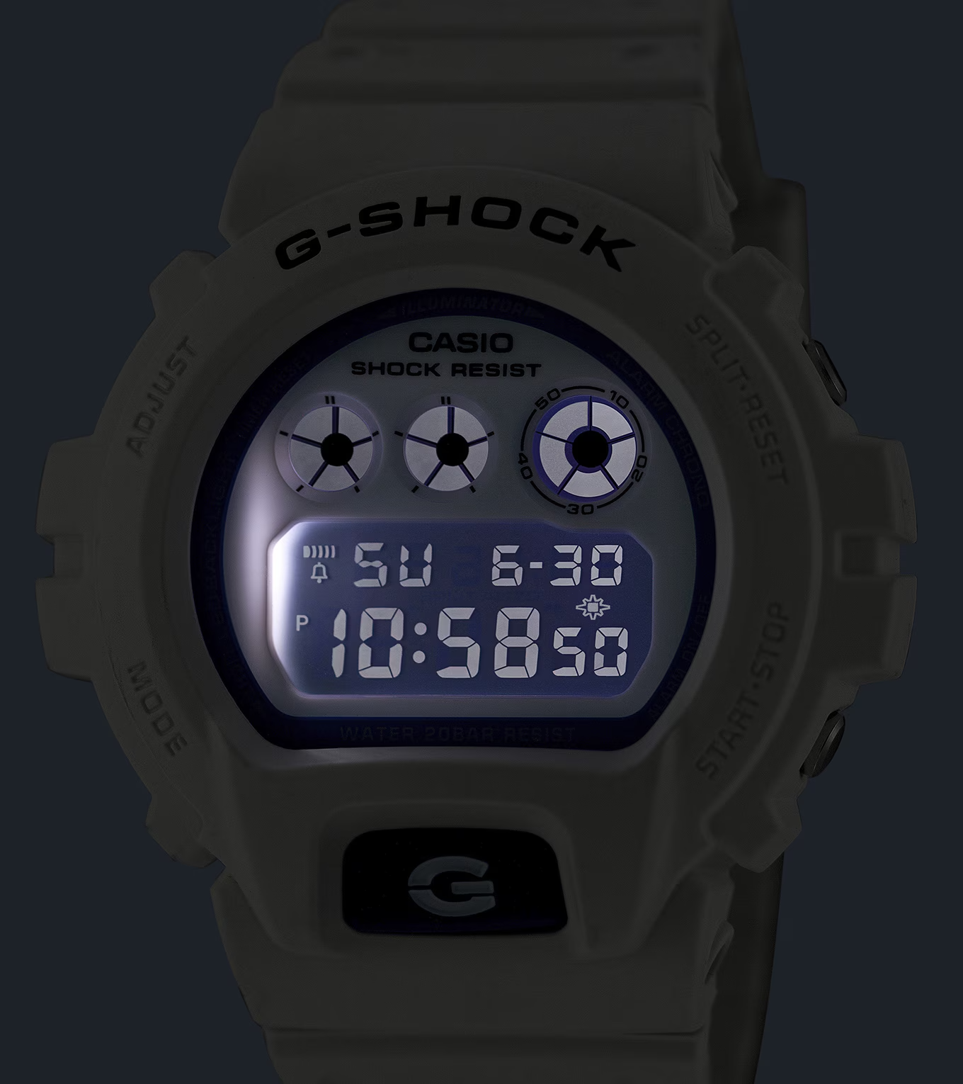 Casio G-SHOCK 6900 Series DW6900HDS-7 – classic white-and-blue design with phosphorescent dial, shock resistance, LED Super Illuminator, and 200m water resistance.