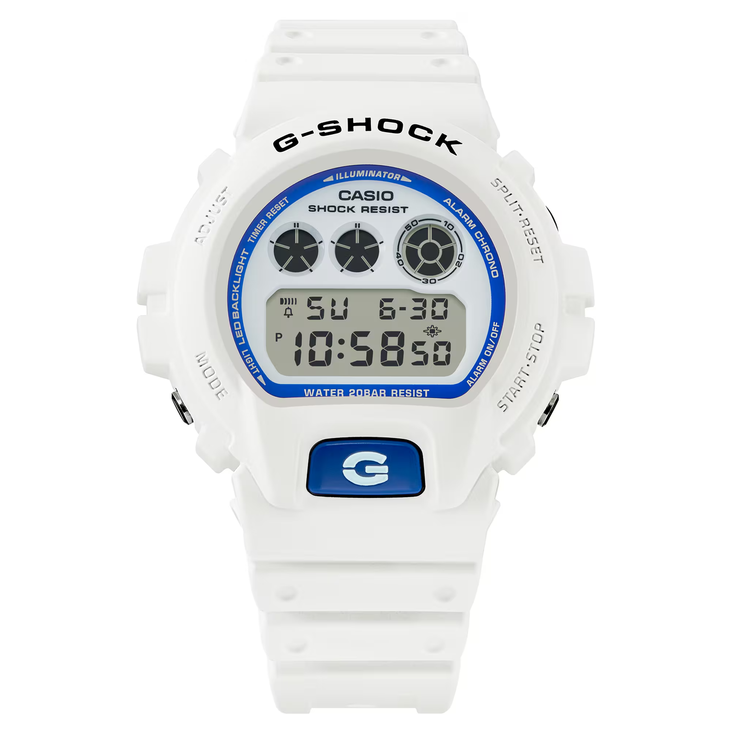 Casio G-SHOCK 6900 Series DW6900HDS-7 – classic white-and-blue design with phosphorescent dial, shock resistance, LED Super Illuminator, and 200m water resistance.