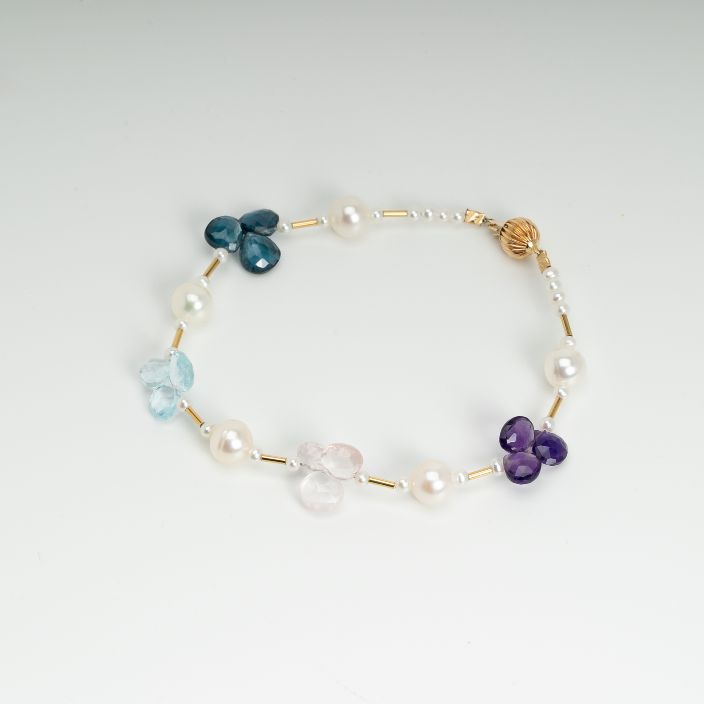 Freshwater Pearl & Gemstone Bracelet - 6.75-7.45mm Natural White Pearls, Amethyst, Rose Quartz, Blue Topaz, 14K Yellow Gold, 7.5-inch, Handcrafted Elegance