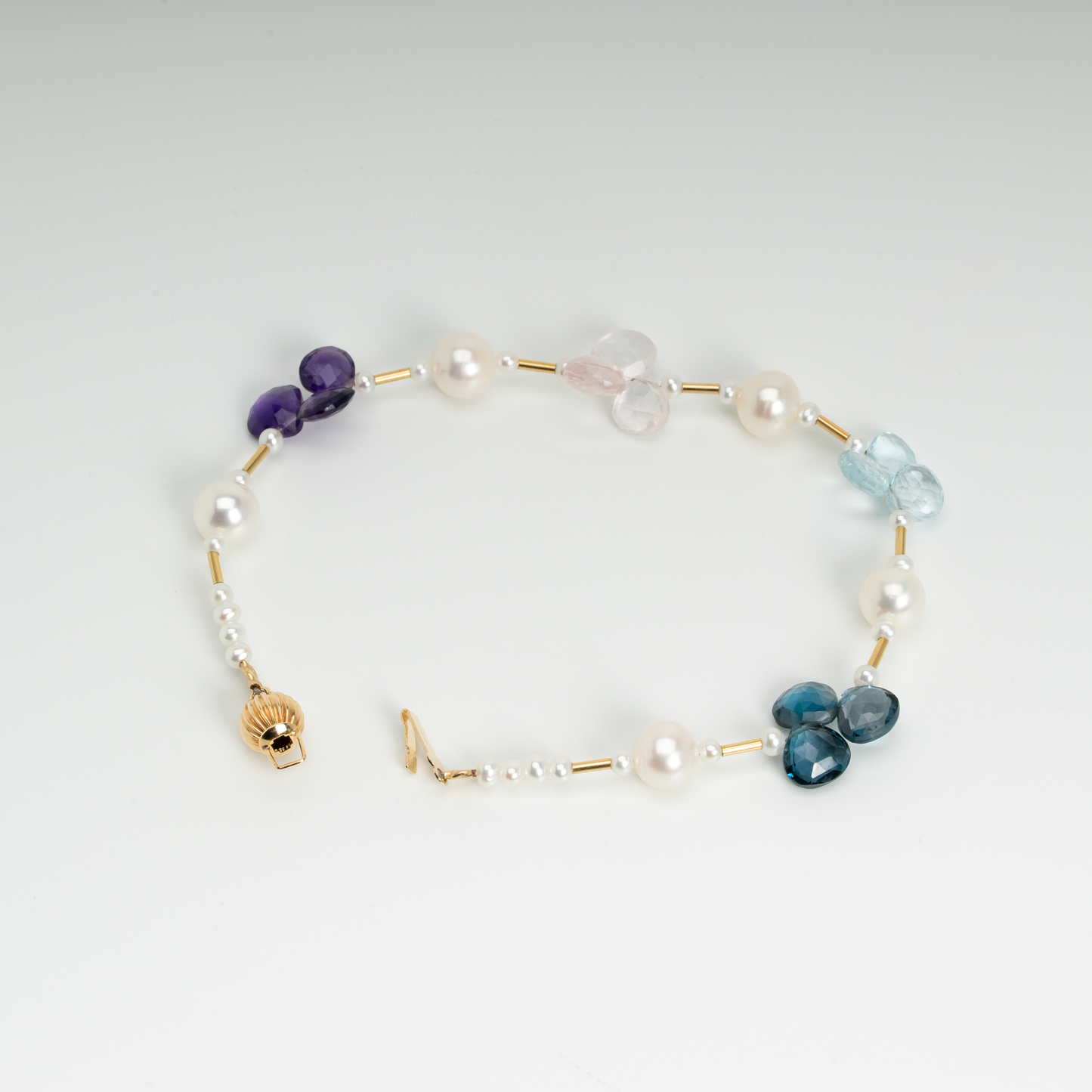 Freshwater Pearl & Gemstone Bracelet - 6.75-7.45mm Natural White Pearls, Amethyst, Rose Quartz, Blue Topaz, 14K Yellow Gold, 7.5-inch, Handcrafted Elegance