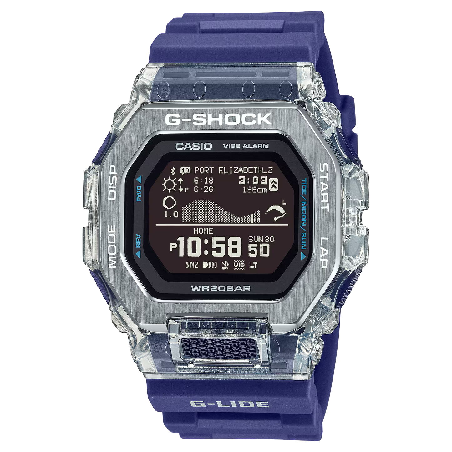 Casio G-SHOCK GBX100S-2 G-LIDE Series – blue surf-inspired design with stainless steel and translucent resin bezel, bio-based resin band, MIP LCD display, tide and moon data, Bluetooth® connectivity, and 200m water resistance.