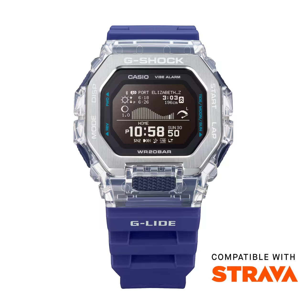 Casio G-Shock digital watch with blue strap on a white background