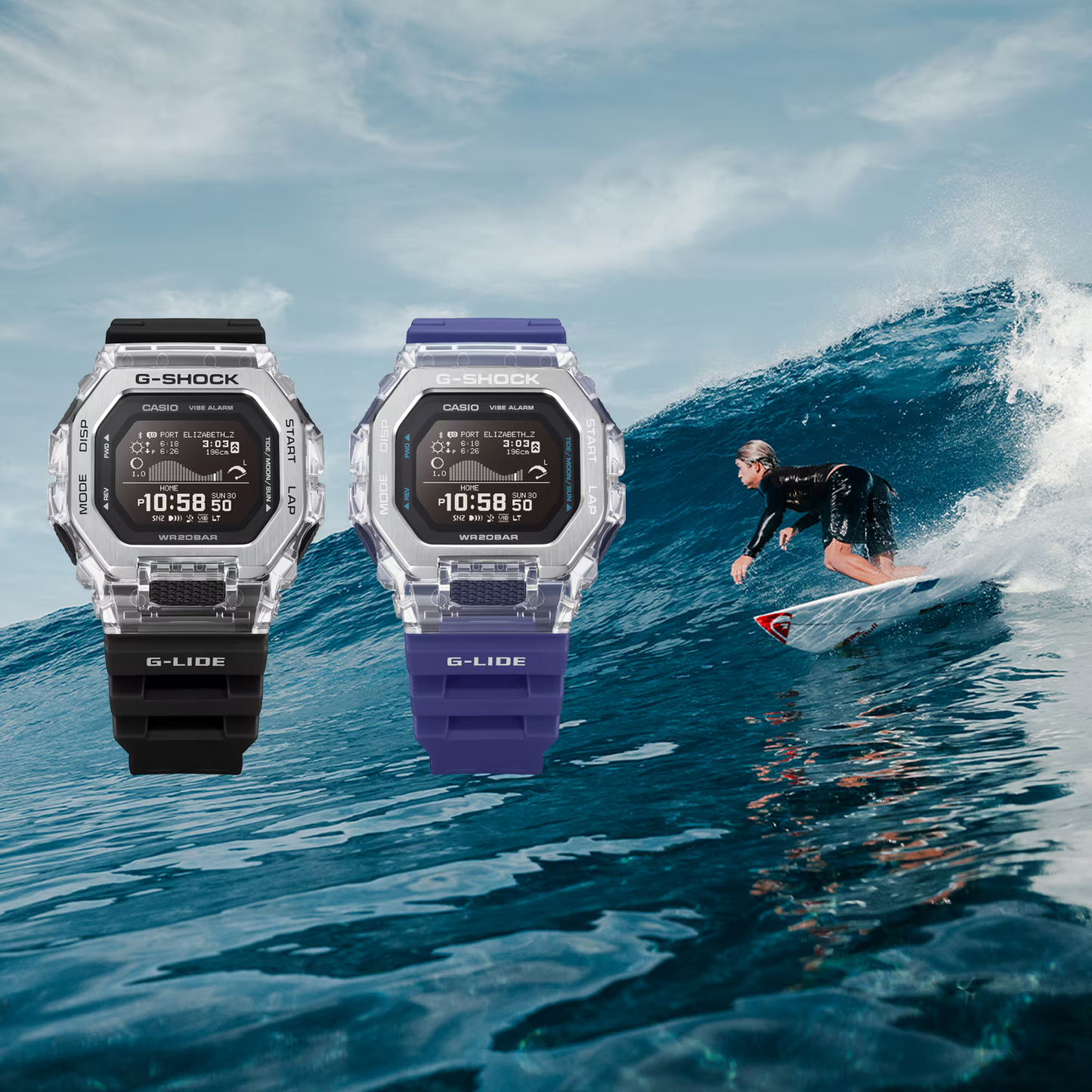 Two Casio G-Shock watches displayed against a background of a surfer on a wave.