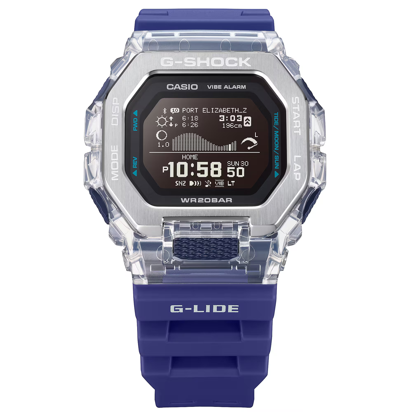 G-Shock digital watch with blue and clear resin strap on a white background