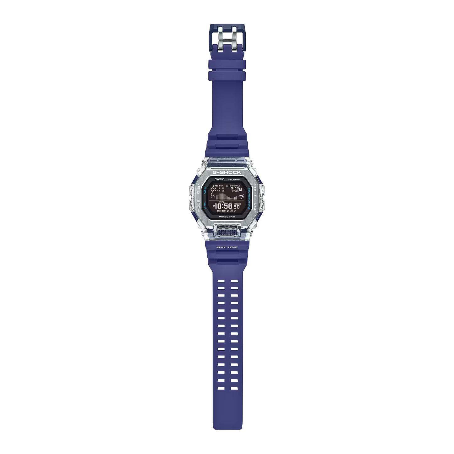 Digital watch with blue strap on a white background