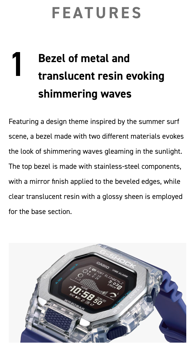 G-SHOCK watch with metal and translucent resin bezel on a white background