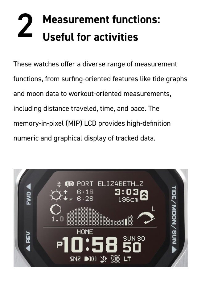 Measurement functions of a watch with a display showing time, date, and tide data.