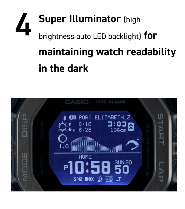 Casio digital watch with blue screen displaying time and weather information, text about super illuminator feature.
