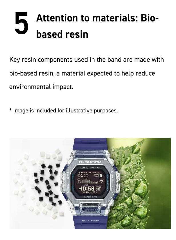 Digital watch with bio-based resin band on a green leaf background