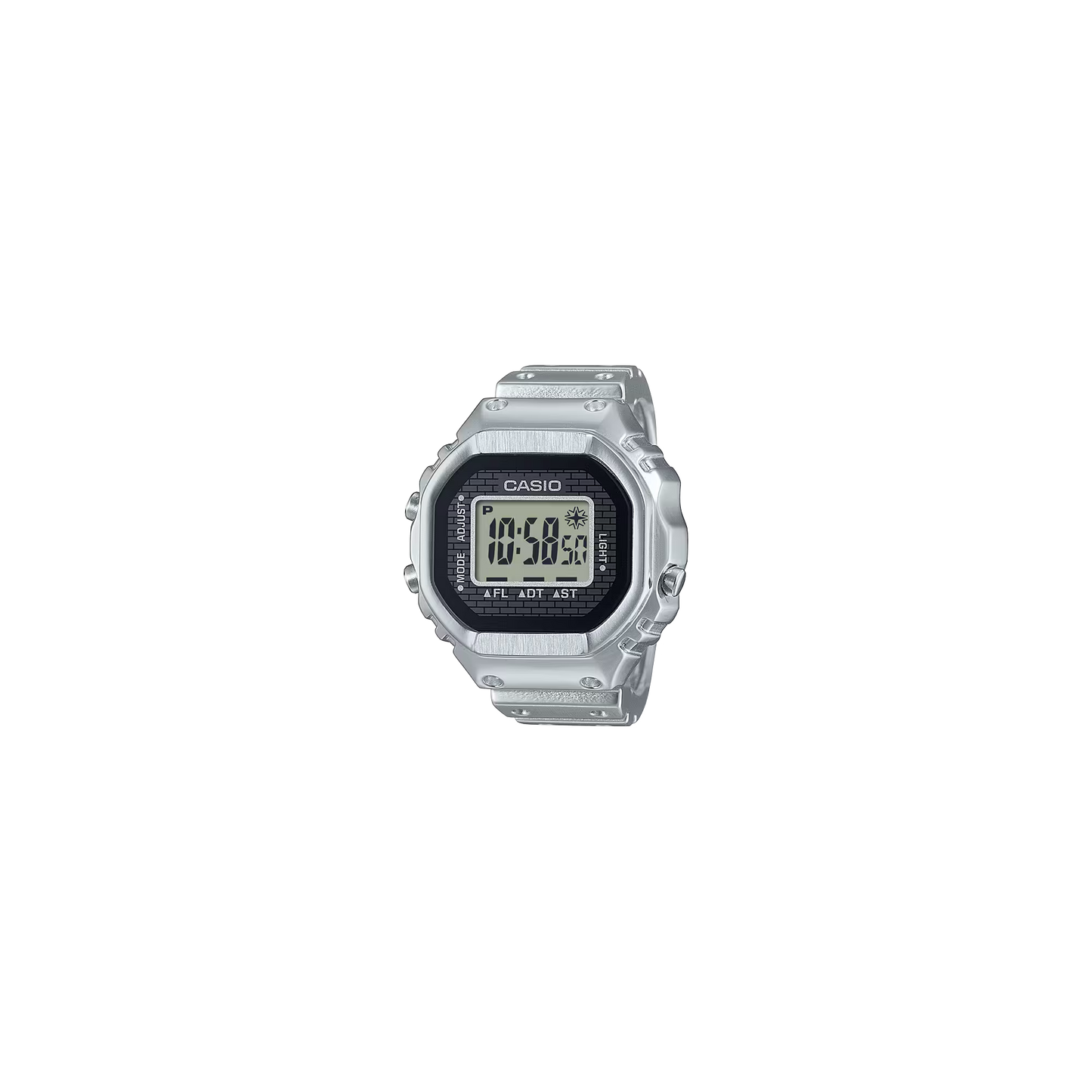 Casio CRW-001-1 Ring Watch in stainless steel with full-metal MIM construction, 20 mm inner diameter (JP size 22) plus size spacers, mini digital LCD module with time, date, dual time, stopwatch, LED backlight, water resistance, and 16 g lightweight build.”