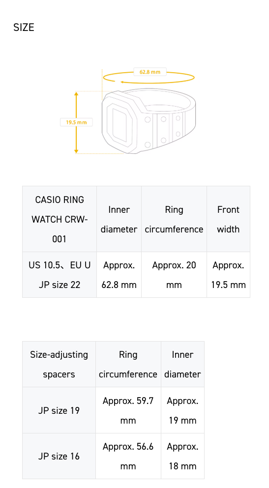 Casio CRW-001-1 Ring Watch in stainless steel with full-metal MIM construction, 20 mm inner diameter (JP size 22) plus size spacers, mini digital LCD module with time, date, dual time, stopwatch, LED backlight, water resistance, and 16 g lightweight build.”