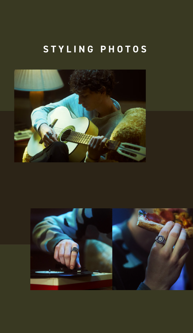 Person playing guitar with a dark background, followed by close-up shots of hands and a pizza.