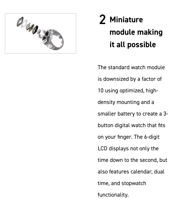 Advertisement for a miniature digital watch module with text describing its features.