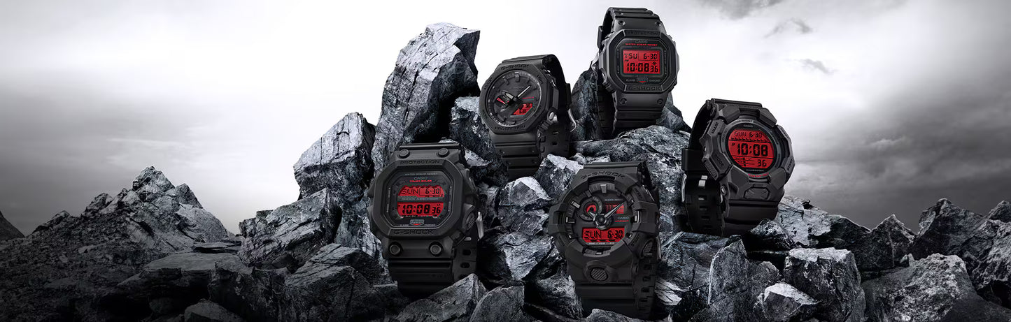 Digital watches on rocky terrain with a dramatic sky