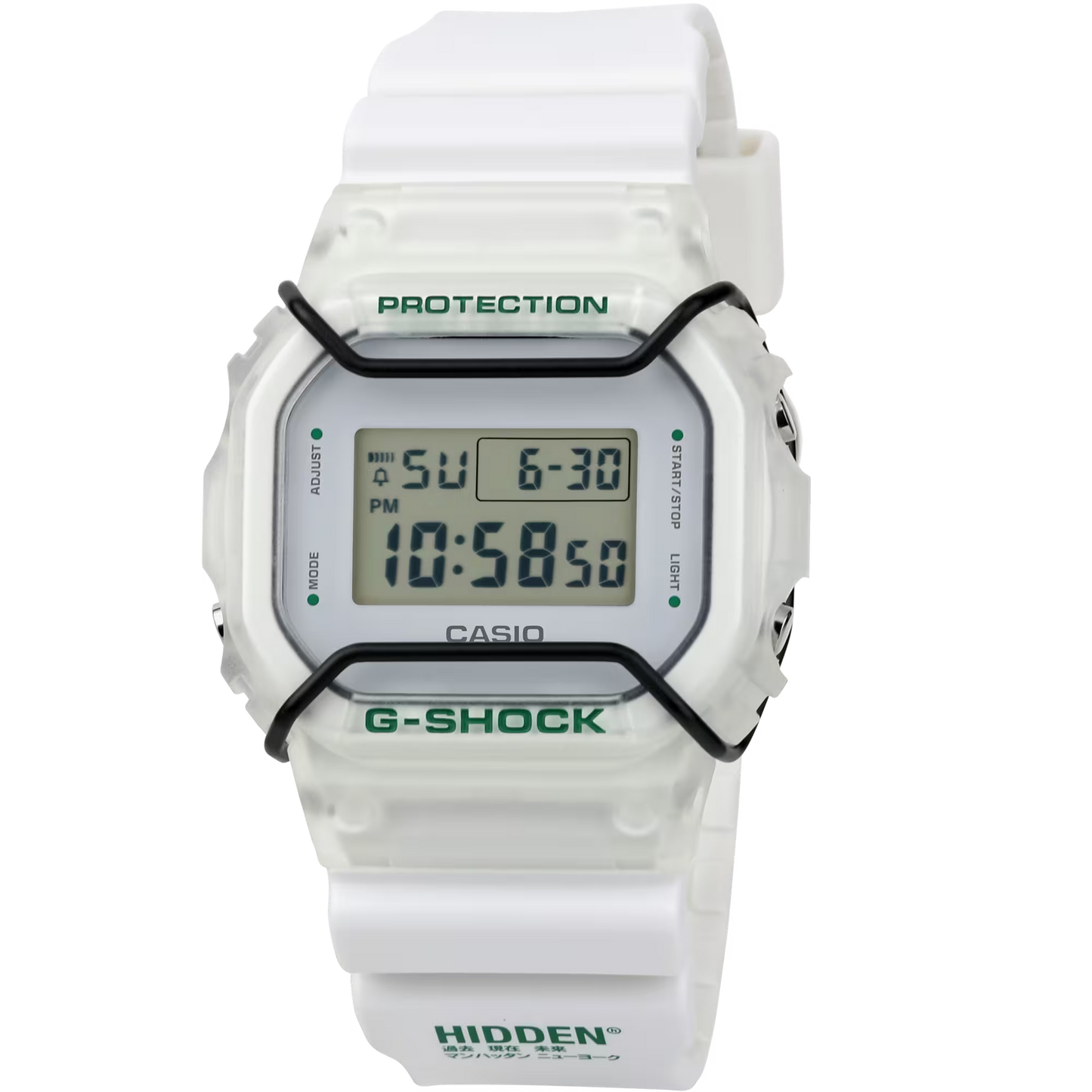 Casio G-SHOCK DW5600HDN257 – Limited Edition HIDDEN NY collaboration with white resin band, transparent green-accented bezel, black bull bars, engraved case back ‘IN THE BLINK OF AN EYE,’ HIDDEN NY logo backlight, special collector’s packaging, 200m water resistance.