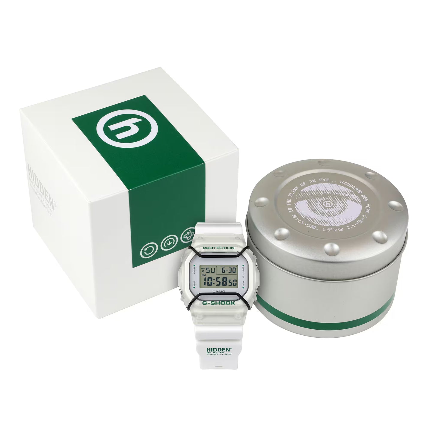Digital watch with green accents and matching box on a white background