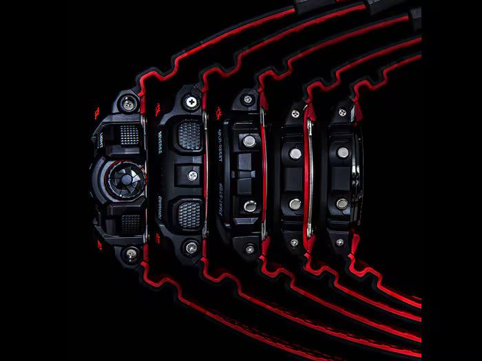 Close-up of a car brake system with red accents on a black background