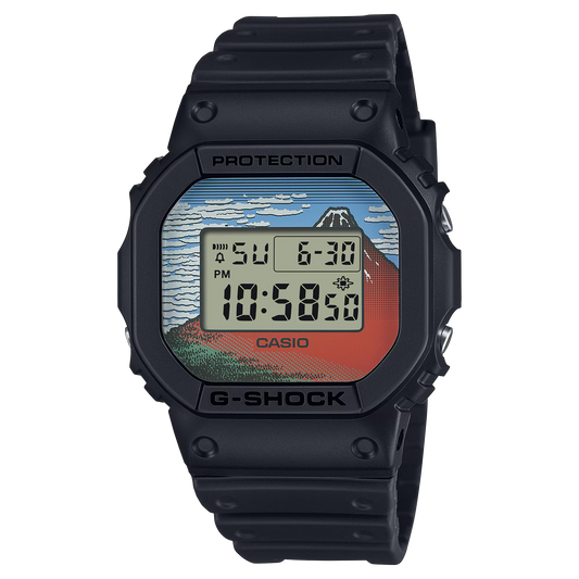 Casio G-SHOCK DW5600KHG25-1 Hokusai Red Fuji Limited Edition watch inspired by ‘Fine Wind, Clear Morning.’ Features classic square DW-5600 design with red Fuji-themed accents, LED backlight displaying ‘日本’ characters, and matching engraving on caseback. Made in Japan with resin case and band, mineral glass, and 200-meter water resistance. Includes stopwatch, countdown timer, alarm, Super Illuminator backlight, and 5-year battery life on CR2016.