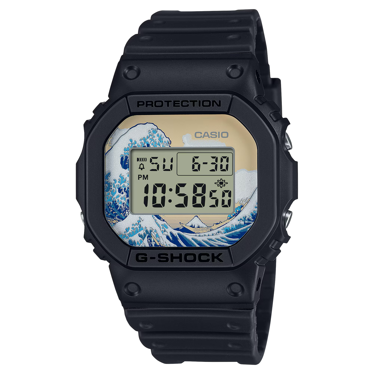 Casio G-SHOCK DW5600KHK25-1 Hokusai Limited Edition watch inspired by The Great Wave off Kanagawa. Features classic square DW-5600 design with wave artwork on dial, LED backlight displaying the Japanese characters ‘日本’, and matching engraving on caseback. Made in Japan with resin case and band, mineral glass, 200-meter water resistance, stopwatch, countdown timer, alarm, and Super Illuminator backlight. Weighs 52 g, powered by CR2016 battery with 5-year life.