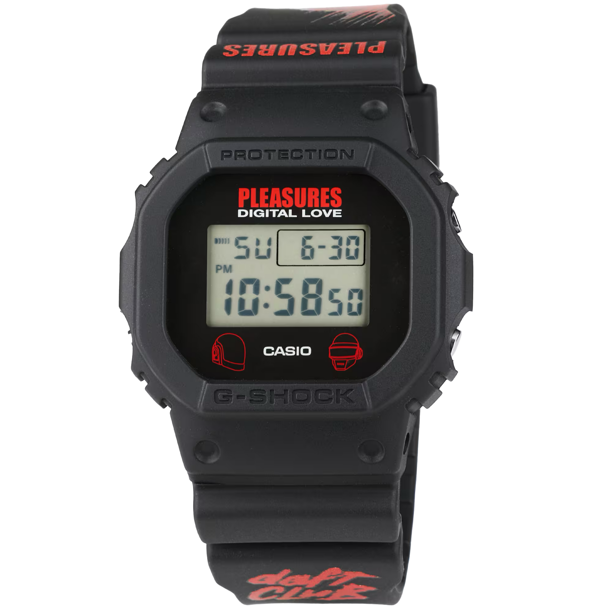 Casio G-SHOCK DW5600KHG25-1 Hokusai Red Fuji Limited Edition digital watch inspired by ‘Fine Wind, Clear Morning.’ Features classic square DW-5600 case with red Fuji motif, LED backlight displaying ‘日本’ characters, and matching engraving on the caseback. Made in Japan with shock-resistant resin construction, mineral glass, and 200-meter water resistance. Includes stopwatch, countdown timer, multi-function alarm, full auto-calendar, and Super Illuminator backlight. Weighs 52 g, powered by CR2016 battery with