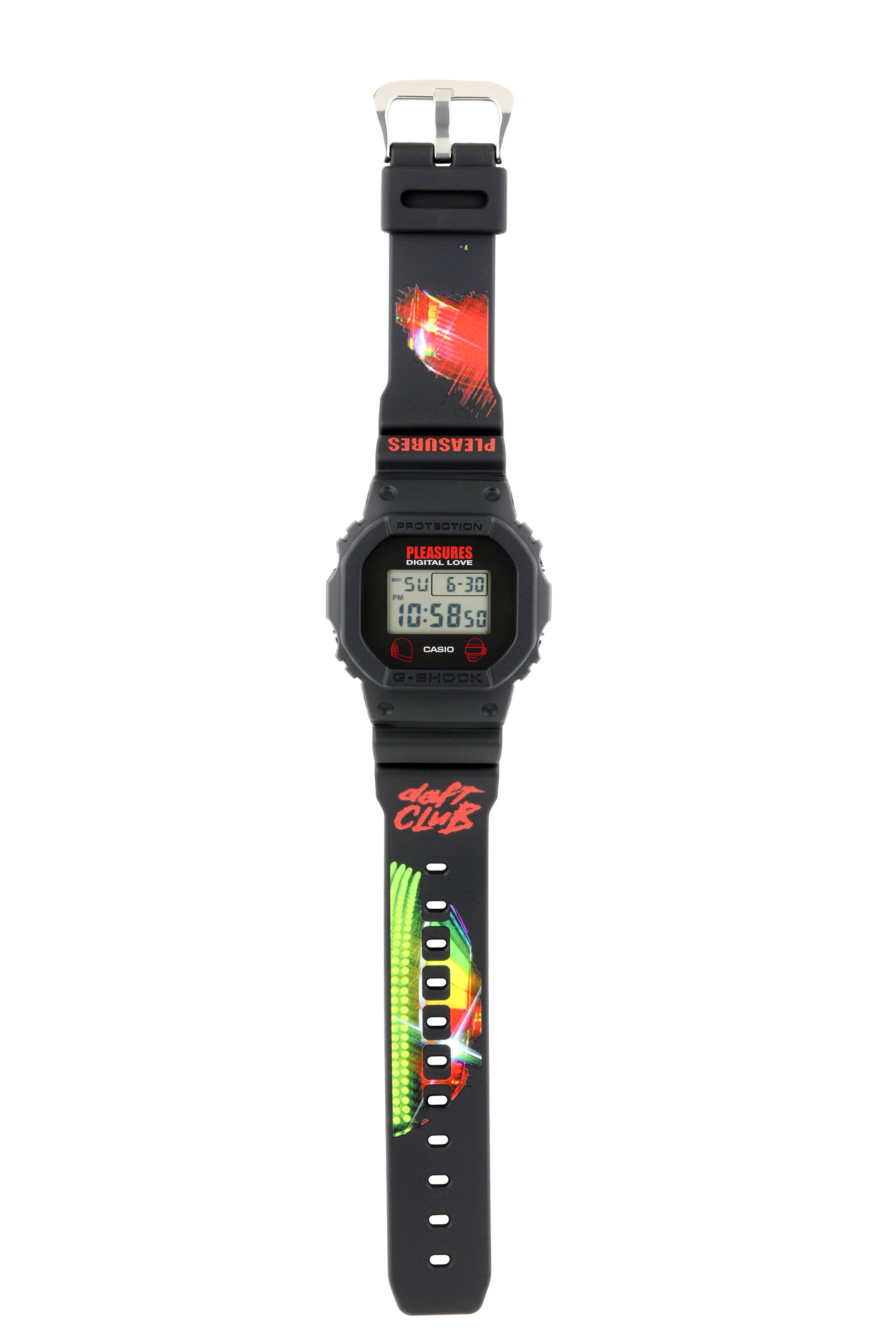 Black digital watch with colorful design on a white background