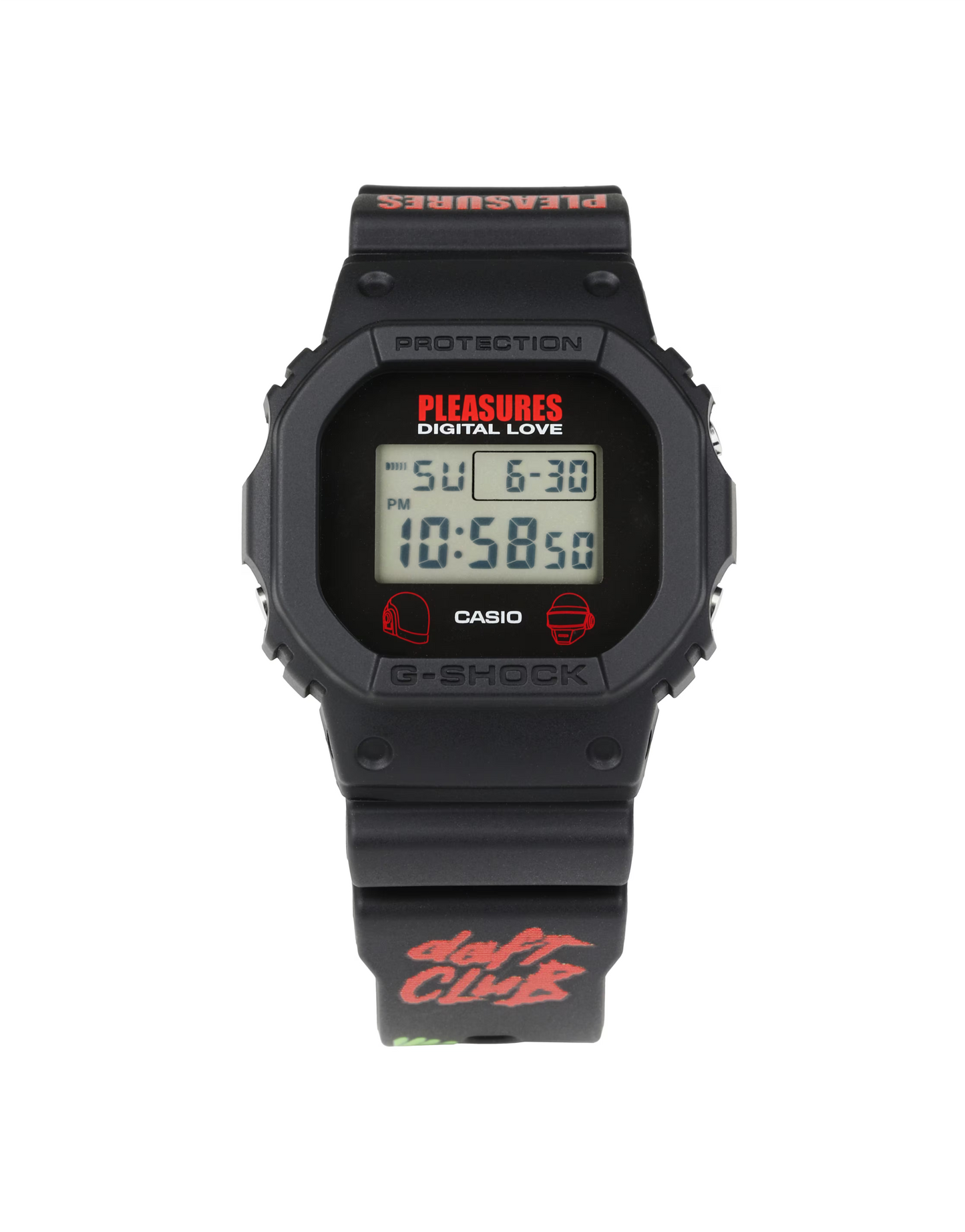 Black Casio G-Shock digital watch with red text on a white background