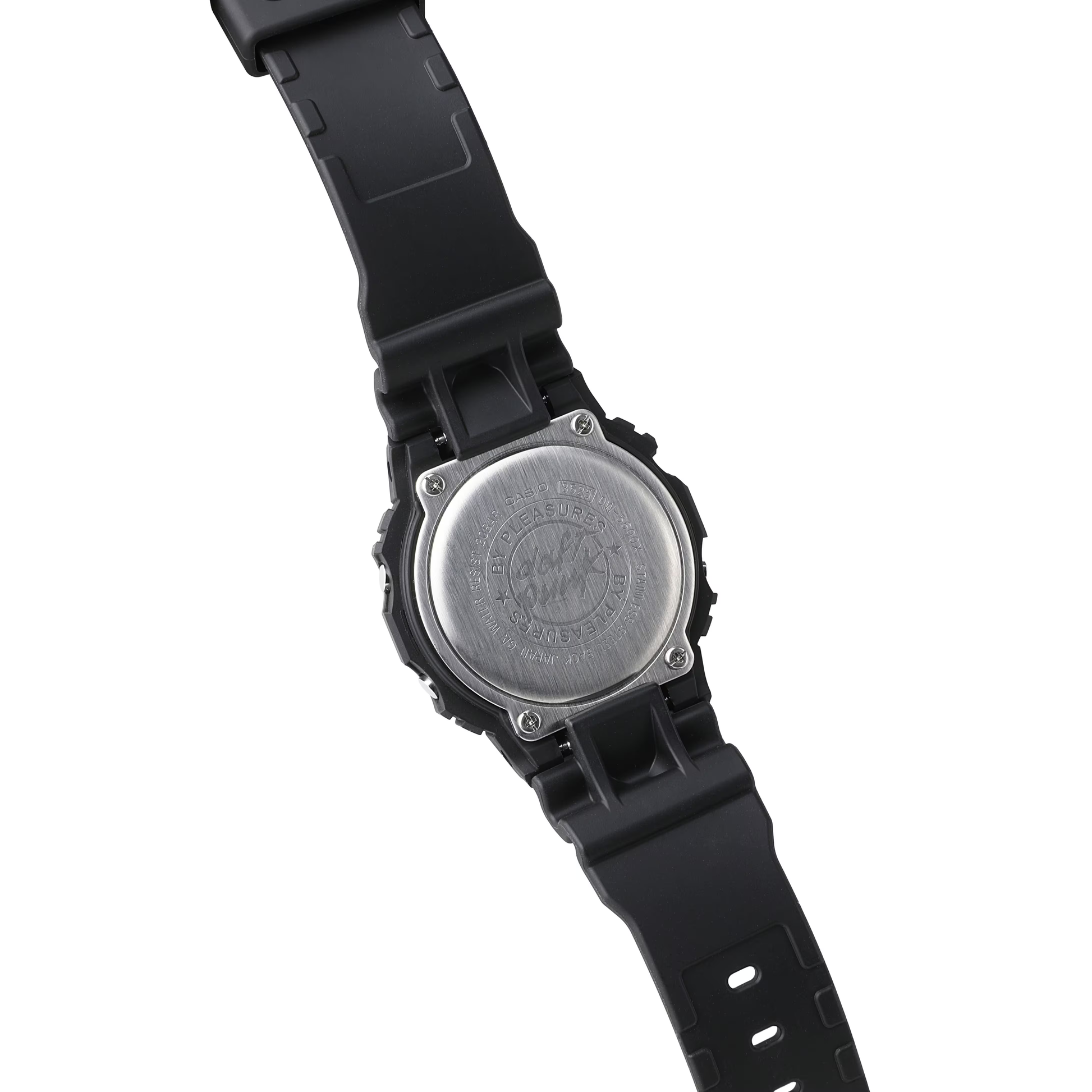 Close-up of a black watch with a visible brand logo on a white background