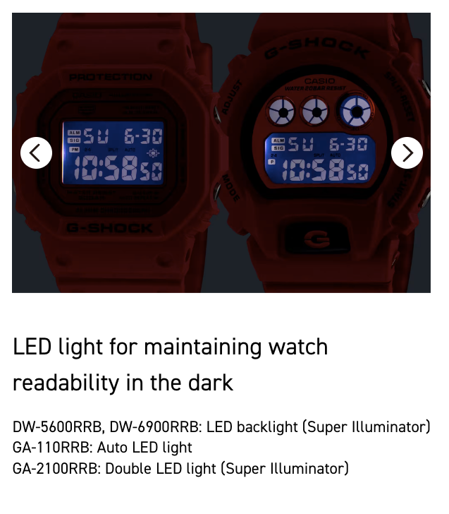 Two red digital watches with LED display on a dark background