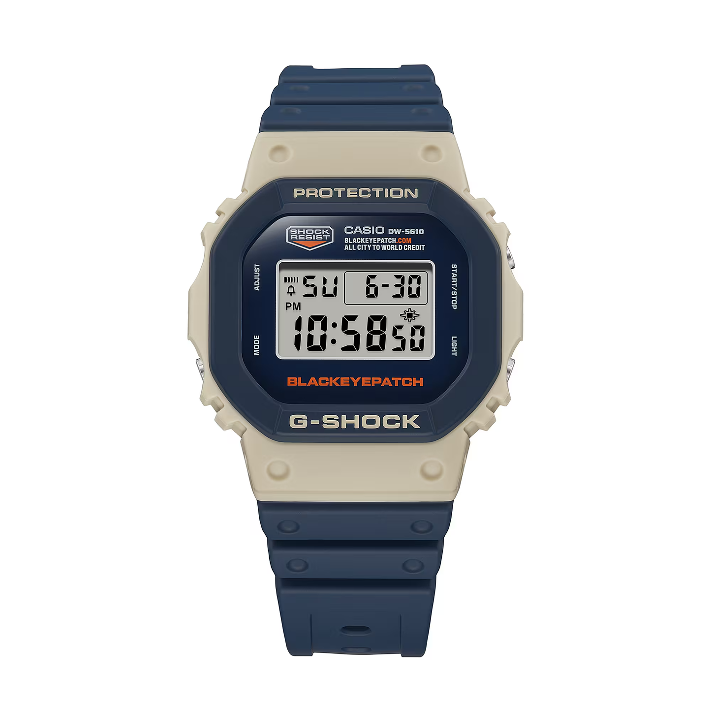 Casio G-Shock DW5610BEP-2, a collaboration with Tokyo streetwear brand BlackEyePatch. Features industrial navy and beige design with orange accents, shock-resistant build, 200m water resistance, bio-based resin band, and LED backlight with “Genuine Article” logo.