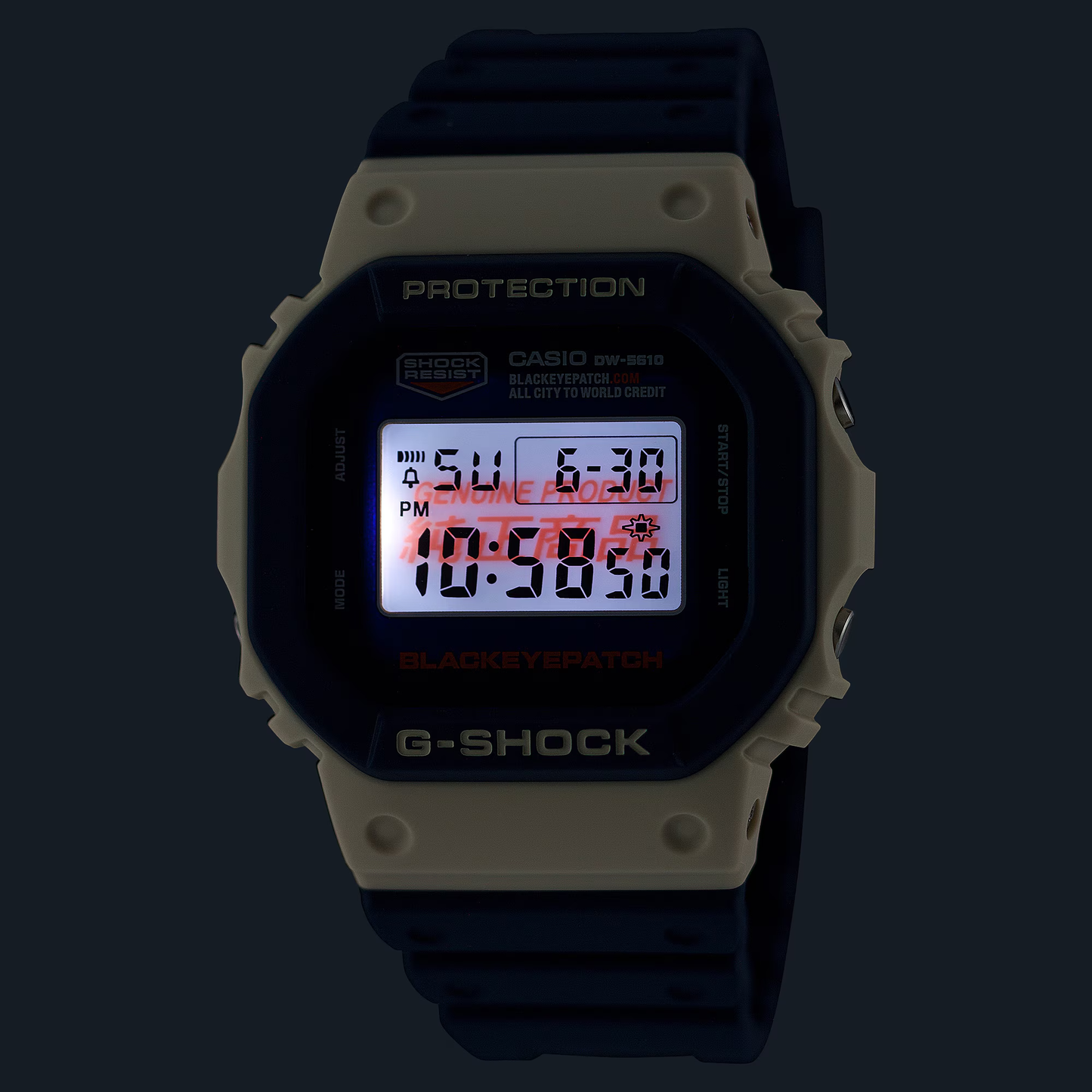 Casio G-Shock DW5610BEP-2, a collaboration with Tokyo streetwear brand BlackEyePatch. Features industrial navy and beige design with orange accents, shock-resistant build, 200m water resistance, bio-based resin band, and LED backlight with “Genuine Article” logo.