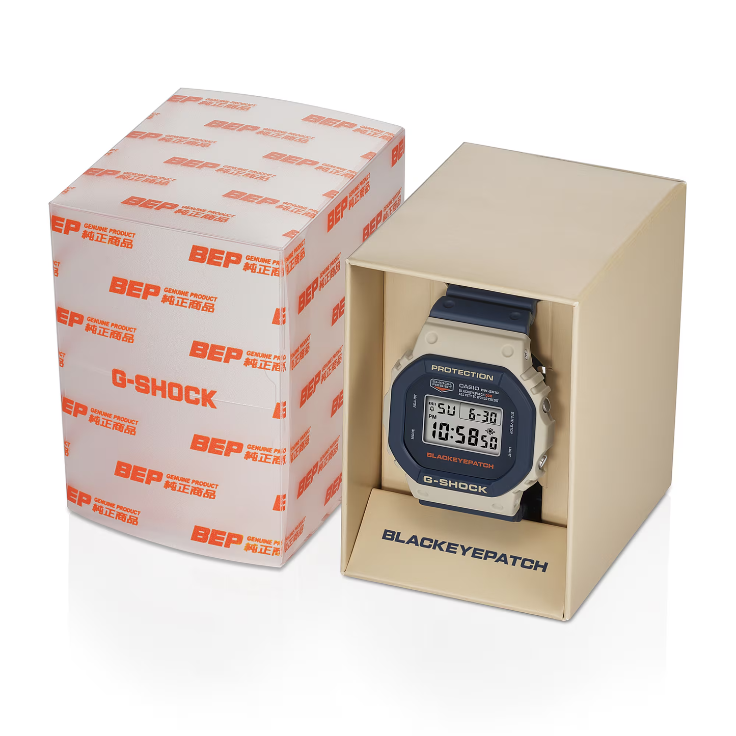 Casio G-Shock DW5610BEP-2, a collaboration with Tokyo streetwear brand BlackEyePatch. Features industrial navy and beige design with orange accents, shock-resistant build, 200m water resistance, bio-based resin band, and LED backlight with “Genuine Article” logo.