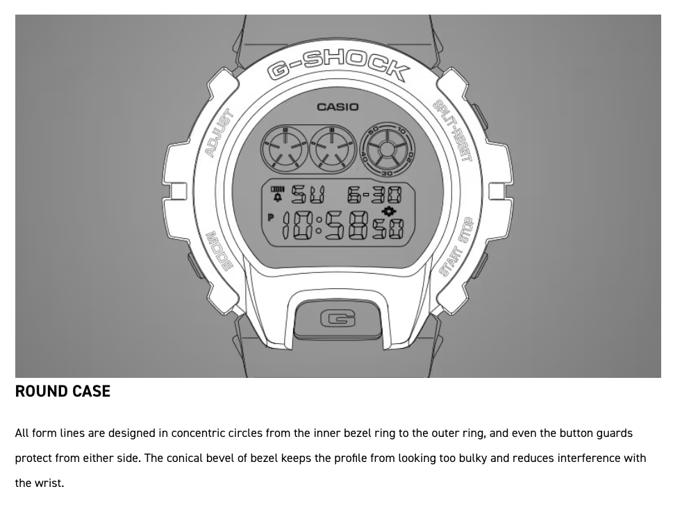 Casio G-Shock watch with round case design on a gray background