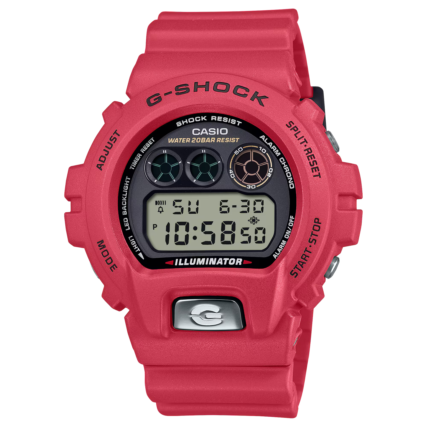 Casio G-SHOCK DW6900TR-4 – 30th Anniversary Limited Edition in bold red with metal front button, engraved case back with 30 stars, ‘SINCE 1995’ backlight message, bio-based resin build, 200m water resistance, and special anniversary packaging