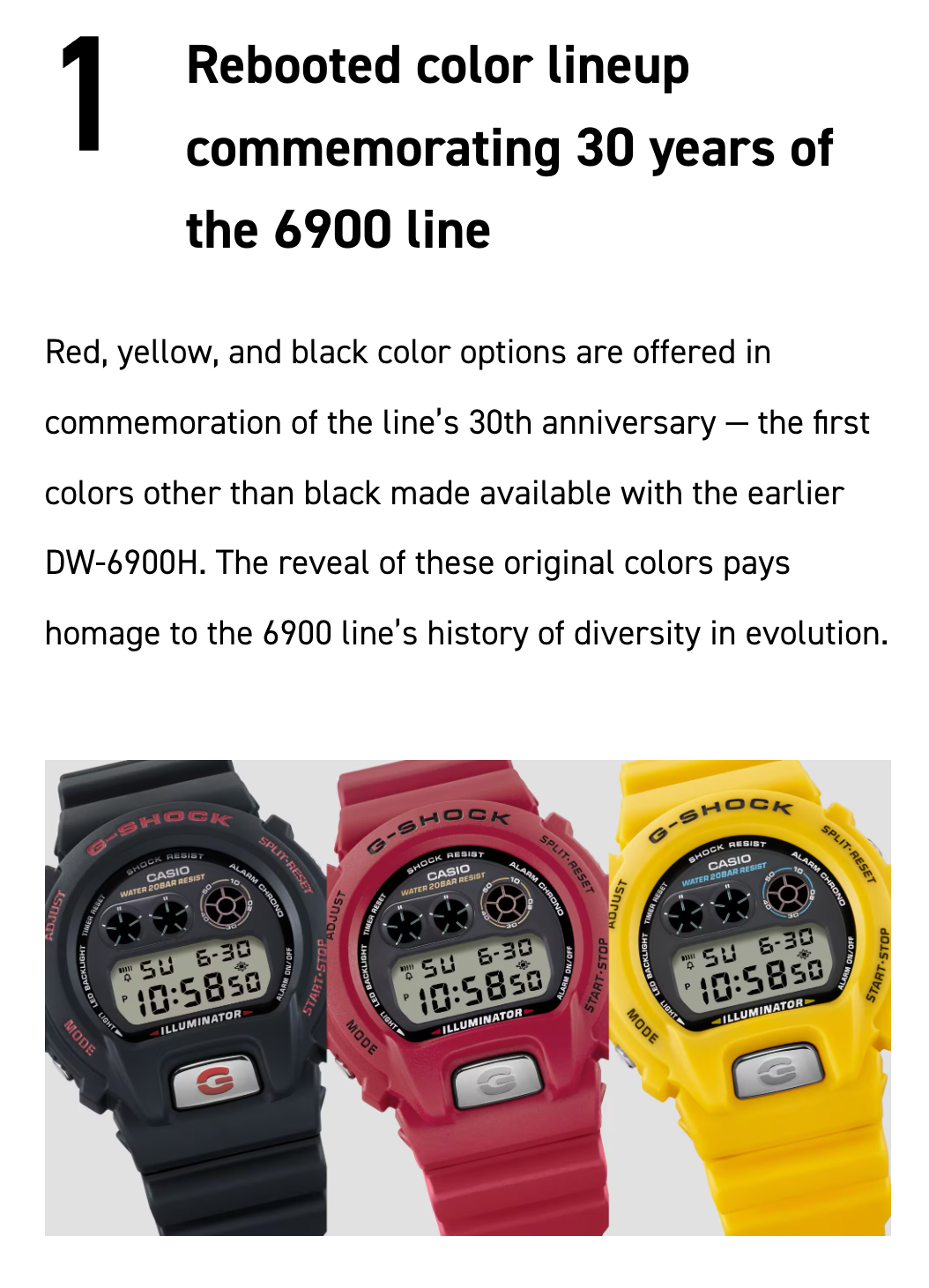 Three Casio G-Shock watches in black, red, and yellow on a white background with text about their 30th anniversary color lineup.