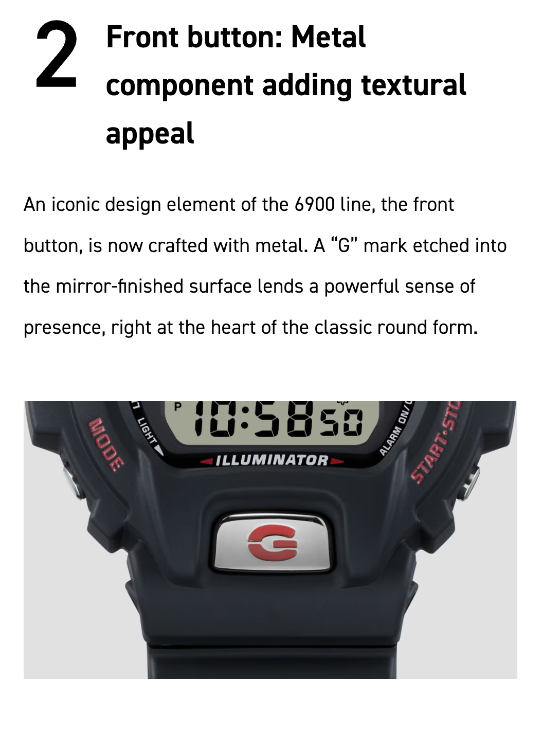 Digital watch with metal front button on a white background