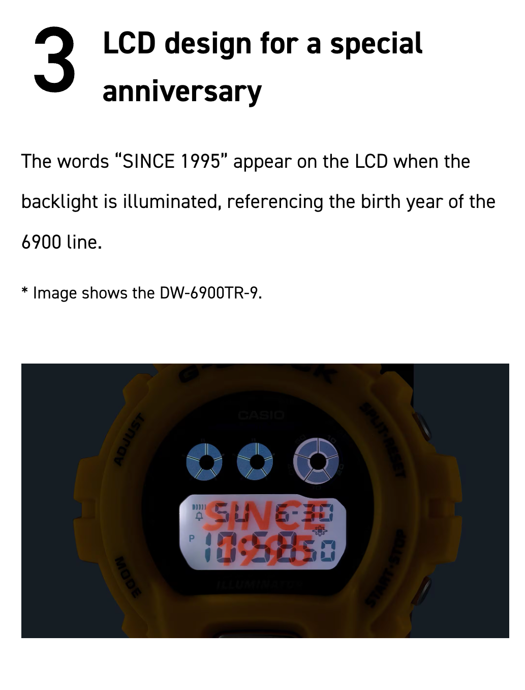 Digital watch with 'SINCE 1995' on LCD screen, referencing 6900 line series.